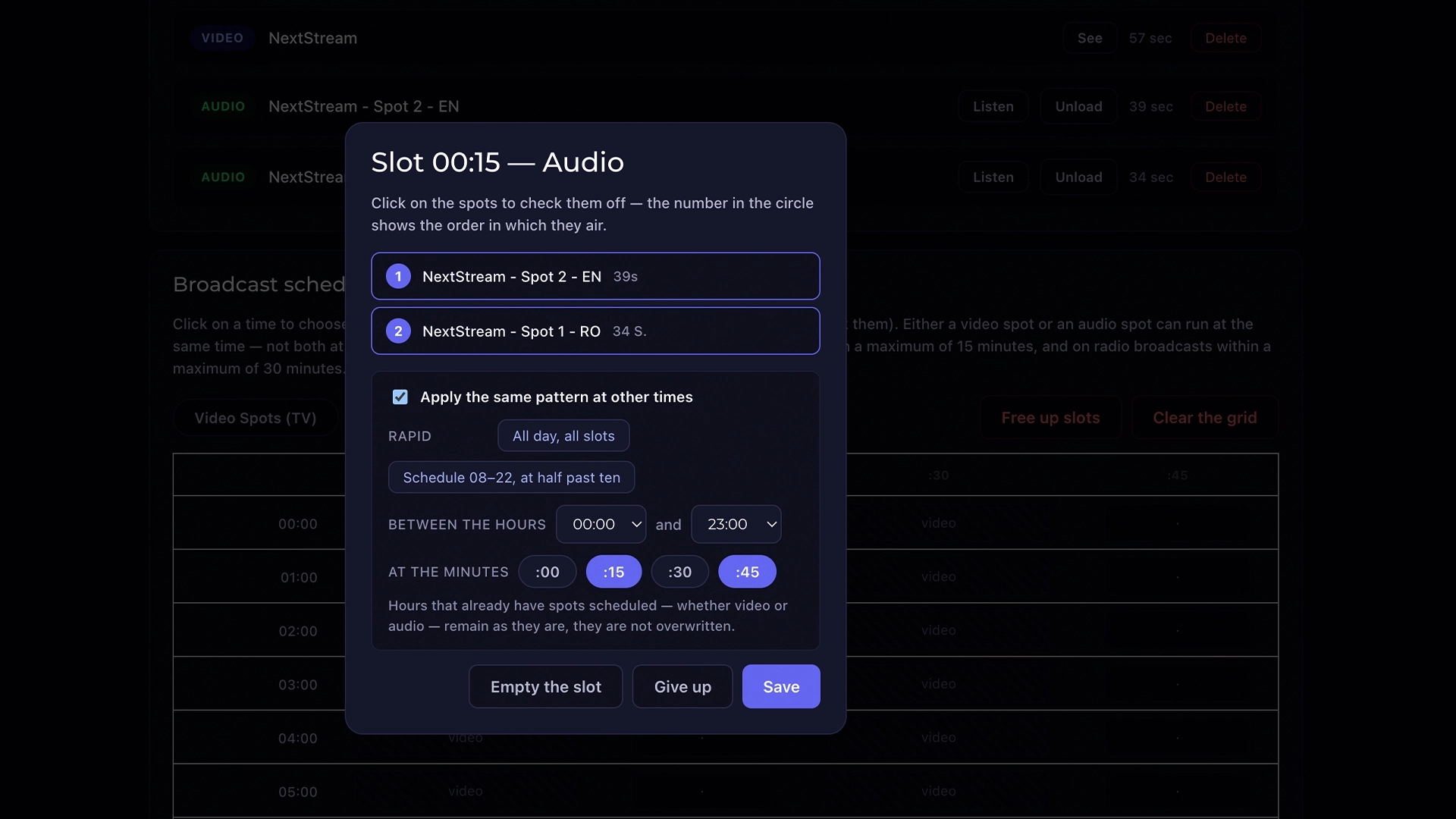 Editor de slot SONIC – alegere spoturi și tipar orar Editor de slot SONIC: alegi spoturile și aplici același tipar pe mai multe ore
